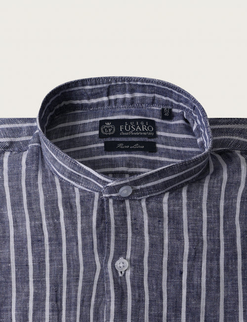 Camicia in lino a righe con collo coreano_Luigi Fusaro