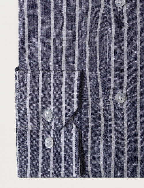 Camicia in lino a righe con collo coreano_Luigi Fusaro