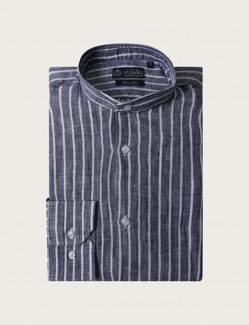 Camicia in lino a righe con collo coreano luigi fusaro