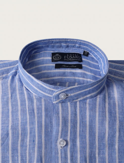 Camicia in lino a righe con collo coreano_Luigi Fusaro