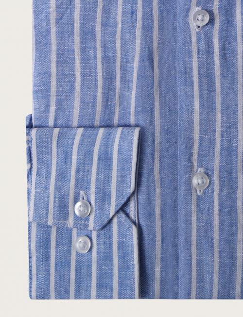 Camicia in lino a righe con collo coreano_Luigi Fusaro