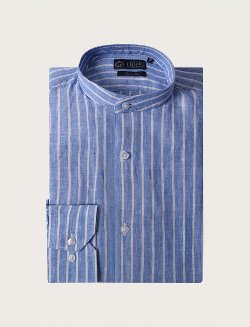 Camicia in lino a righe con collo coreano_Luigi Fusaro