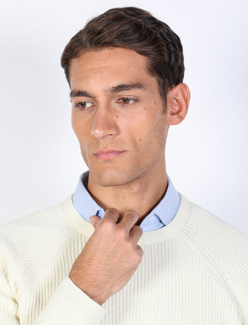 Maglia girocollo in cotone e lana a coste_Luigi Fusaro