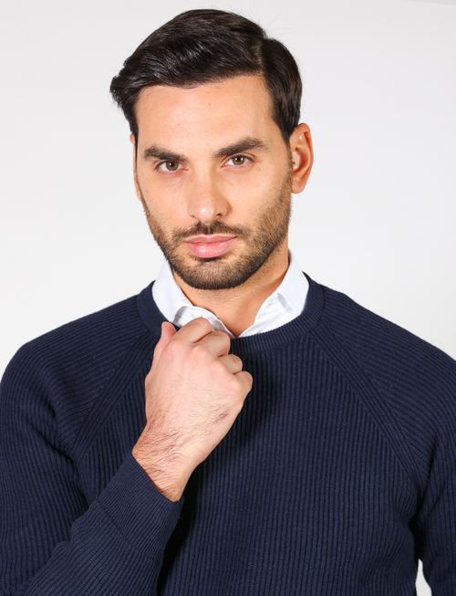 Maglia girocollo in cotone e lana a coste_Luigi Fusaro