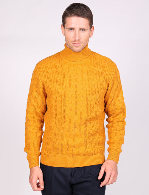 Maglia collo alto a trecce in misto lana |Colore:Senape
