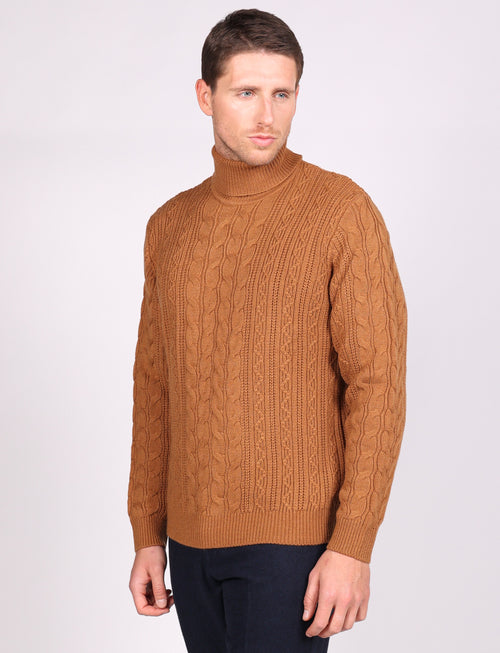 Maglia collo alto a trecce in misto lana |Colore:Cammello