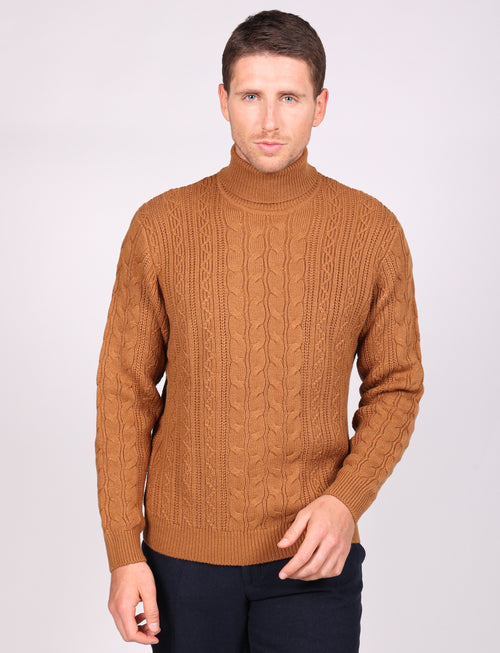 Maglia collo alto a trecce in misto lana |Colore:Cammello