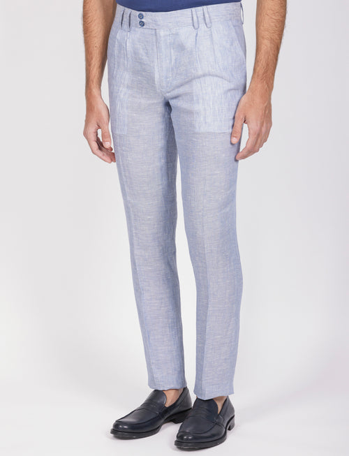 Pantaloni in lino melange con doppia pence |Colore:Celeste