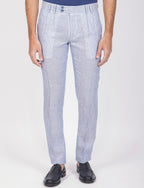 Pantaloni in lino melange con doppia pence |Colore:Celeste