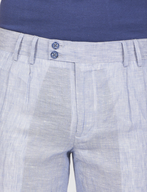 Pantaloni in lino melange con doppia pence |Colore:Celeste