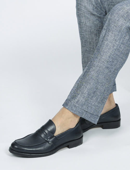 Pantaloni in lino melange con doppia pence |Colore:Blu