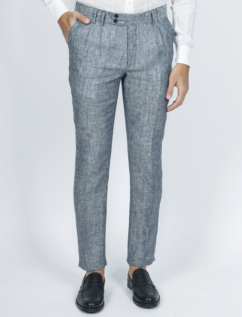 Pantaloni in lino melange con doppia pence |Colore:Blu