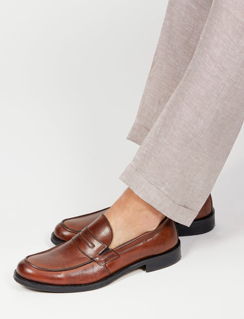 Pantaloni in lino melange con doppia pence |Colore:Beige