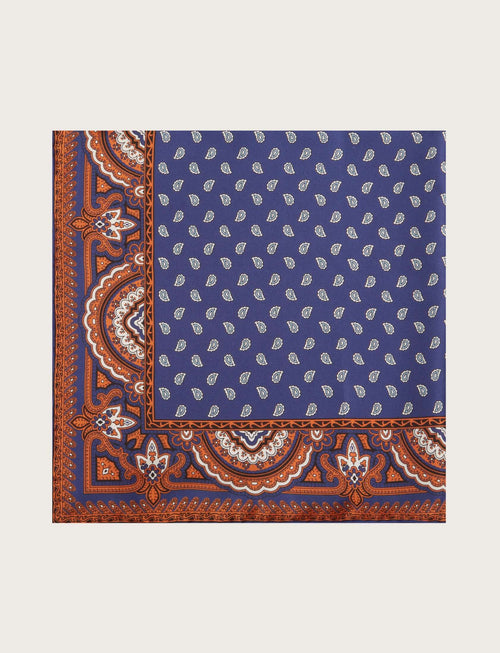 Foulard in seta paisley bluette e bordo decorativo arancio luigi fusaro