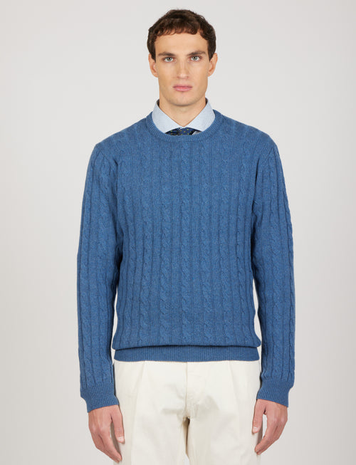 Maglia girocollo a trecce in lana lambswool |Colore:Azzurro