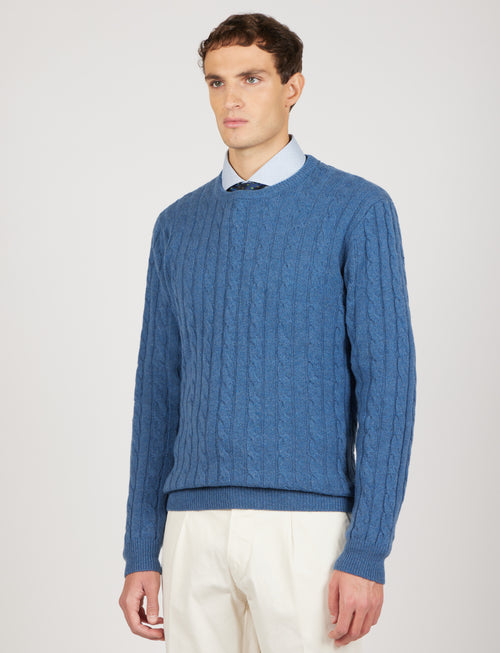 Maglia girocollo a trecce in lana lambswool |Colore:Azzurro