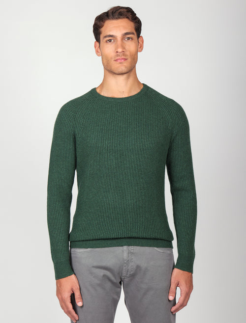 Maglia girocollo a coste inglesi in lana |Colore:Verde inglese