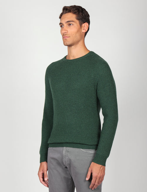 Maglia girocollo a coste inglesi in lana |Colore:Verde inglese