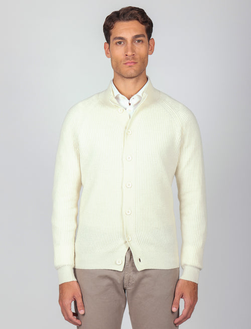 Cardigan a coste inglesi in lana lambswool |Colore:Panna