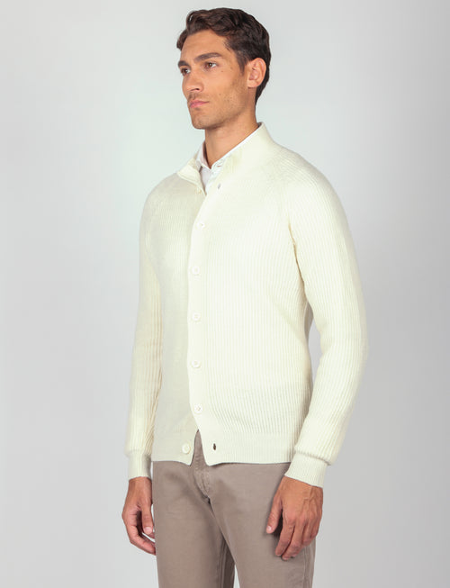 Cardigan a coste inglesi in lana lambswool |Colore:Panna