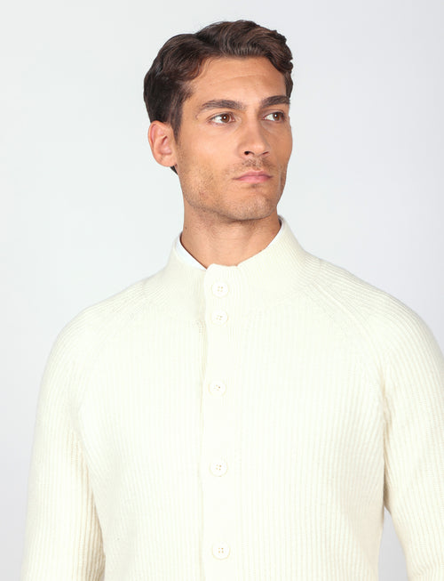 Cardigan a coste inglesi in lana lambswool |Colore:Panna