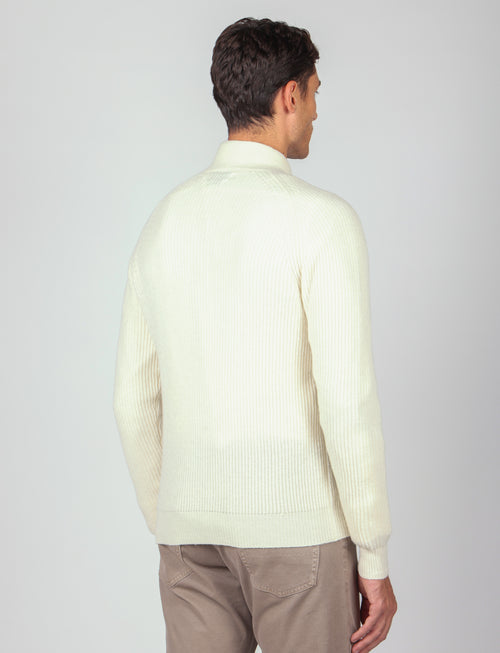 Cardigan a coste inglesi in lana lambswool |Colore:Panna