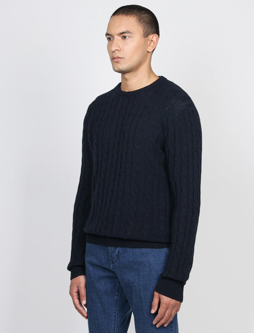 Maglia girocollo a trecce in lana lambswool |Colore:Blu