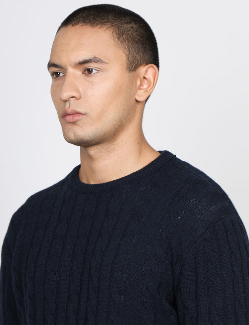Maglia girocollo a trecce in lana lambswool |Colore:Blu