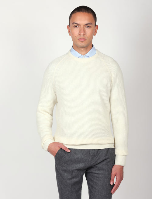 Maglia girocollo a coste inglesi in lana |Colore:Panna