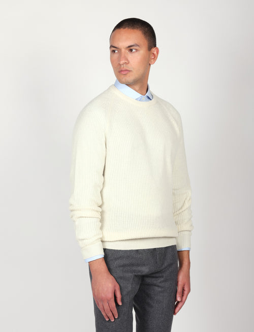 Maglia girocollo a coste inglesi in lana |Colore:Panna