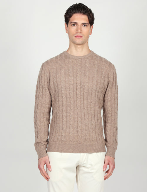 Maglia girocollo a trecce in lana lambswool |Colore:Beige