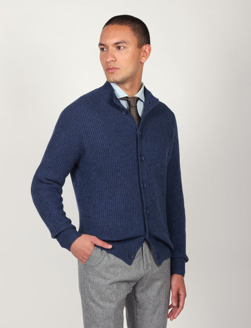 Cardigan a coste inglesi in lana lambswool |Colore:Bluette