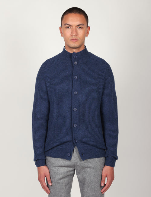 Cardigan a coste inglesi in lana lambswool |Colore:Bluette