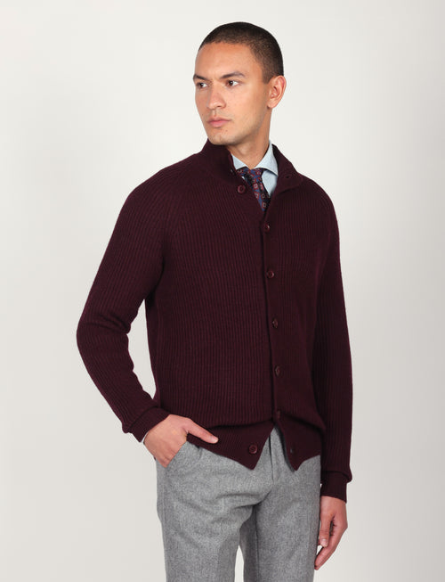 Cardigan a coste inglesi in lana lambswool |Colore:Bordo