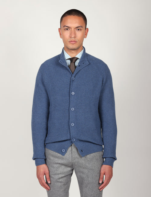 Cardigan a coste inglesi in lana lambswool |Colore:Azzurro