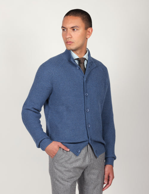 Cardigan a coste inglesi in lana lambswool |Colore:Azzurro