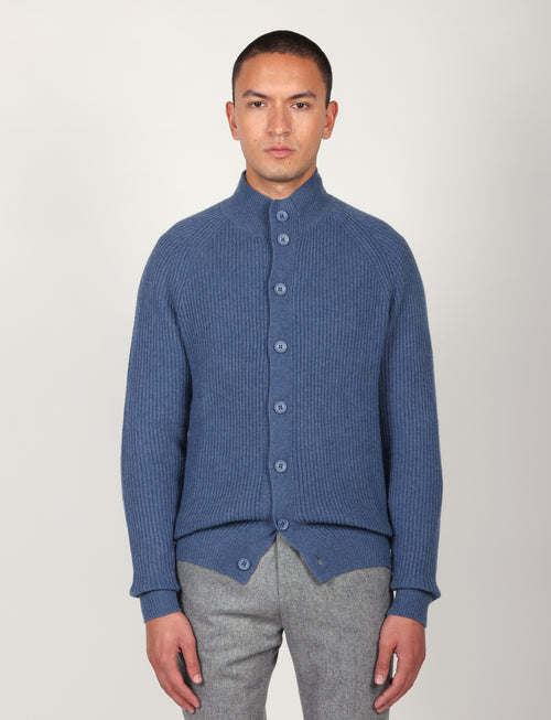 Cardigan a coste inglesi in lana lambswool |Colore:Azzurro