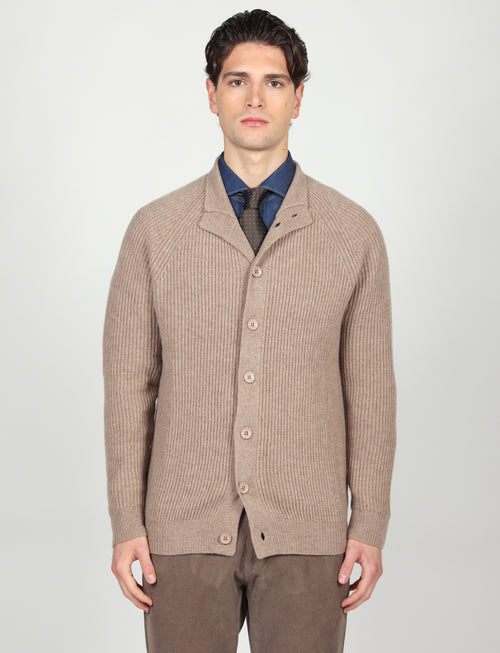 Cardigan a coste inglesi in lana lambswool |Colore:Beige