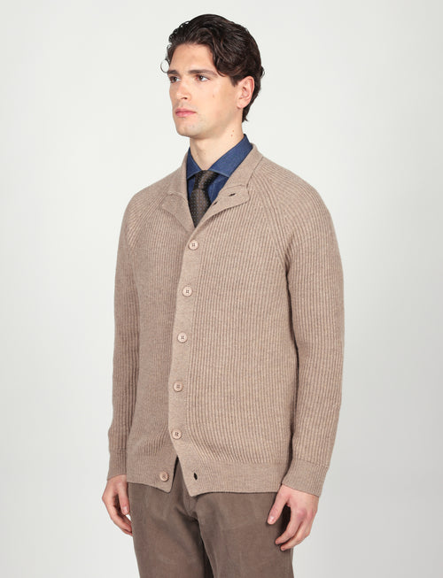 Cardigan a coste inglesi in lana lambswool |Colore:Beige