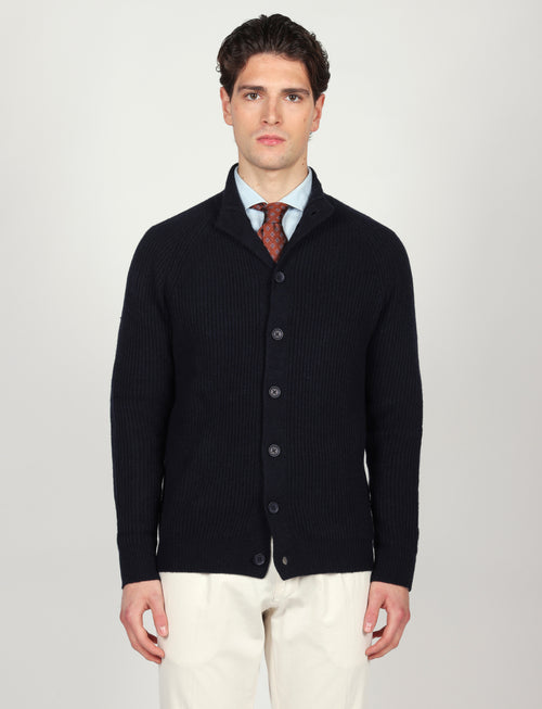 Cardigan a coste inglesi in lana lambswool |Colore:Blu