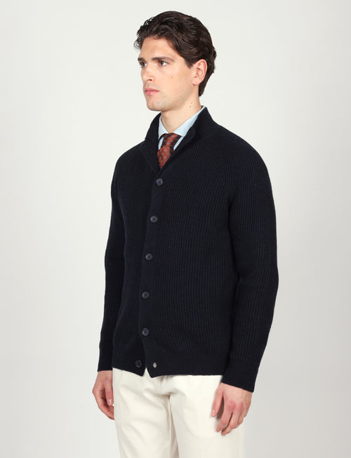 Cardigan a coste inglesi in lana lambswool |Colore:Blu