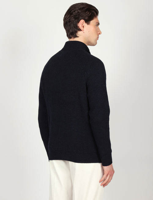 Cardigan a coste inglesi in lana lambswool |Colore:Blu