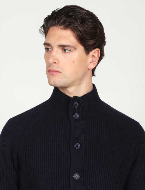 Cardigan a coste inglesi in lana lambswool |Colore:Blu