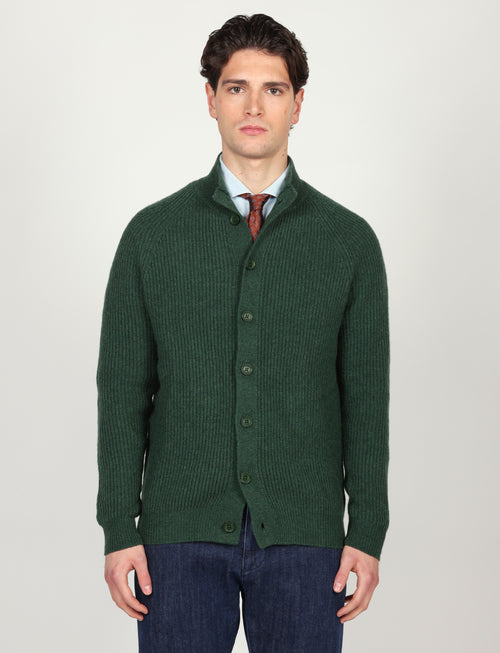 Cardigan a coste inglesi in lana lambswool |Colore:Verde inglese