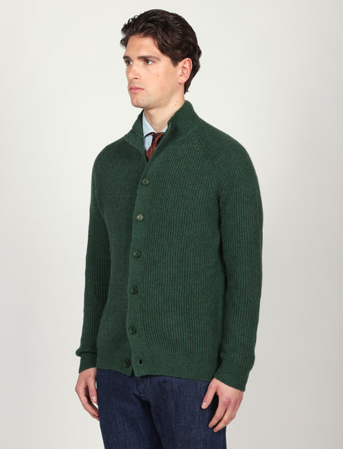 Cardigan a coste inglesi in lana lambswool |Colore:Verde inglese