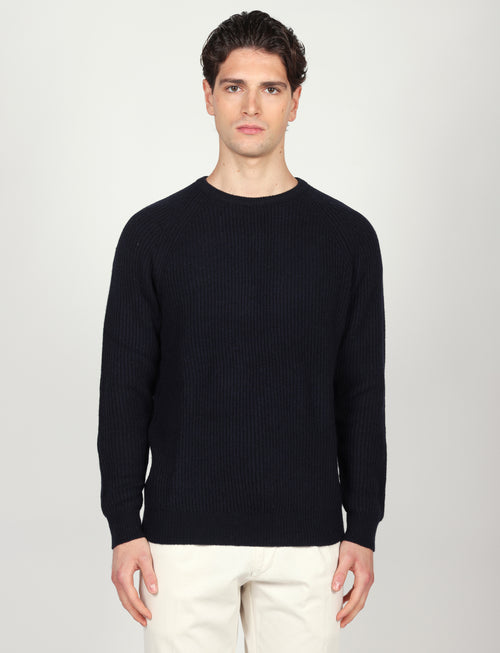Maglia girocollo a coste inglesi in lana |Colore:Blu