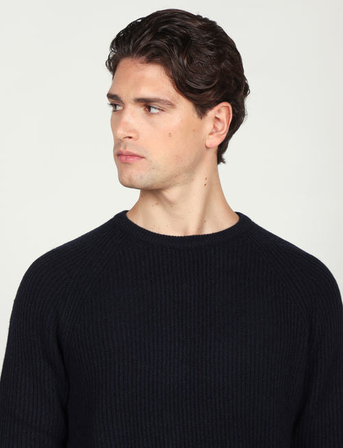 Maglia girocollo a coste inglesi in lana |Colore:Blu