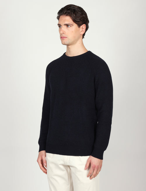 Maglia girocollo a coste inglesi in lana |Colore:Blu