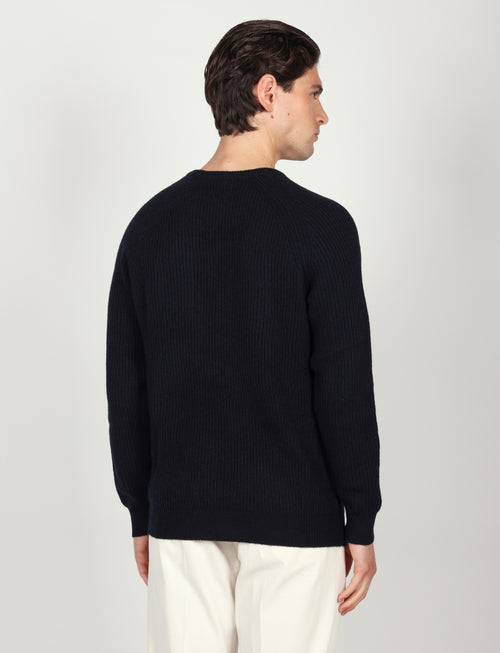 Maglia girocollo a coste inglesi in lana |Colore:Blu