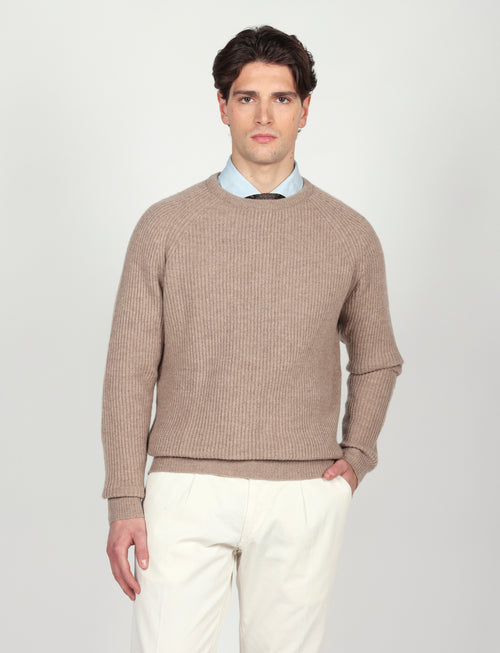 Maglia girocollo a coste inglesi in lana |Colore:Beige